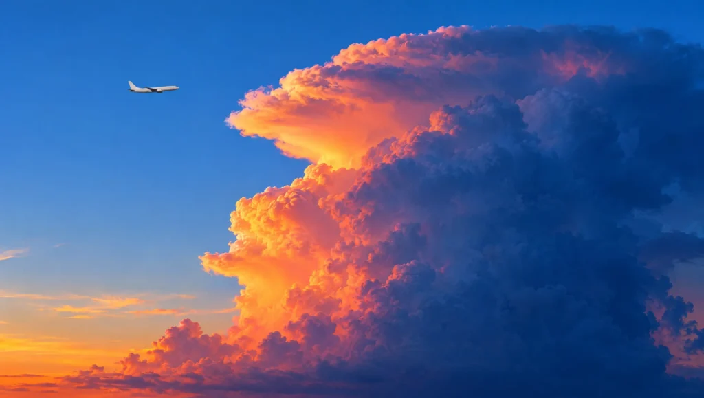 An airliner flying well clear of a towering storm cloud at sunset