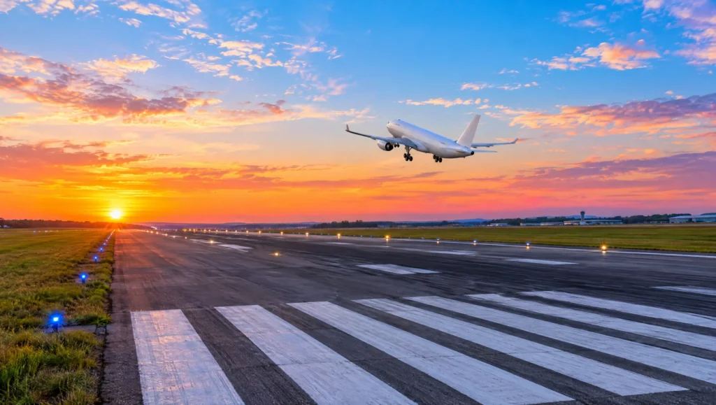 An airliner lifting off from a runway at sunrise