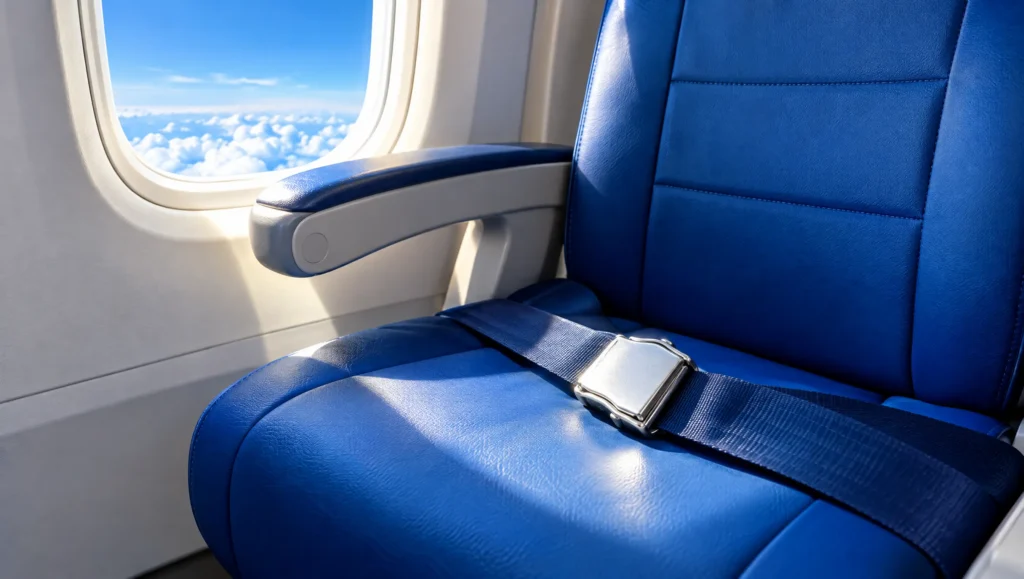 A fastened seat belt on an empty airliner window seat